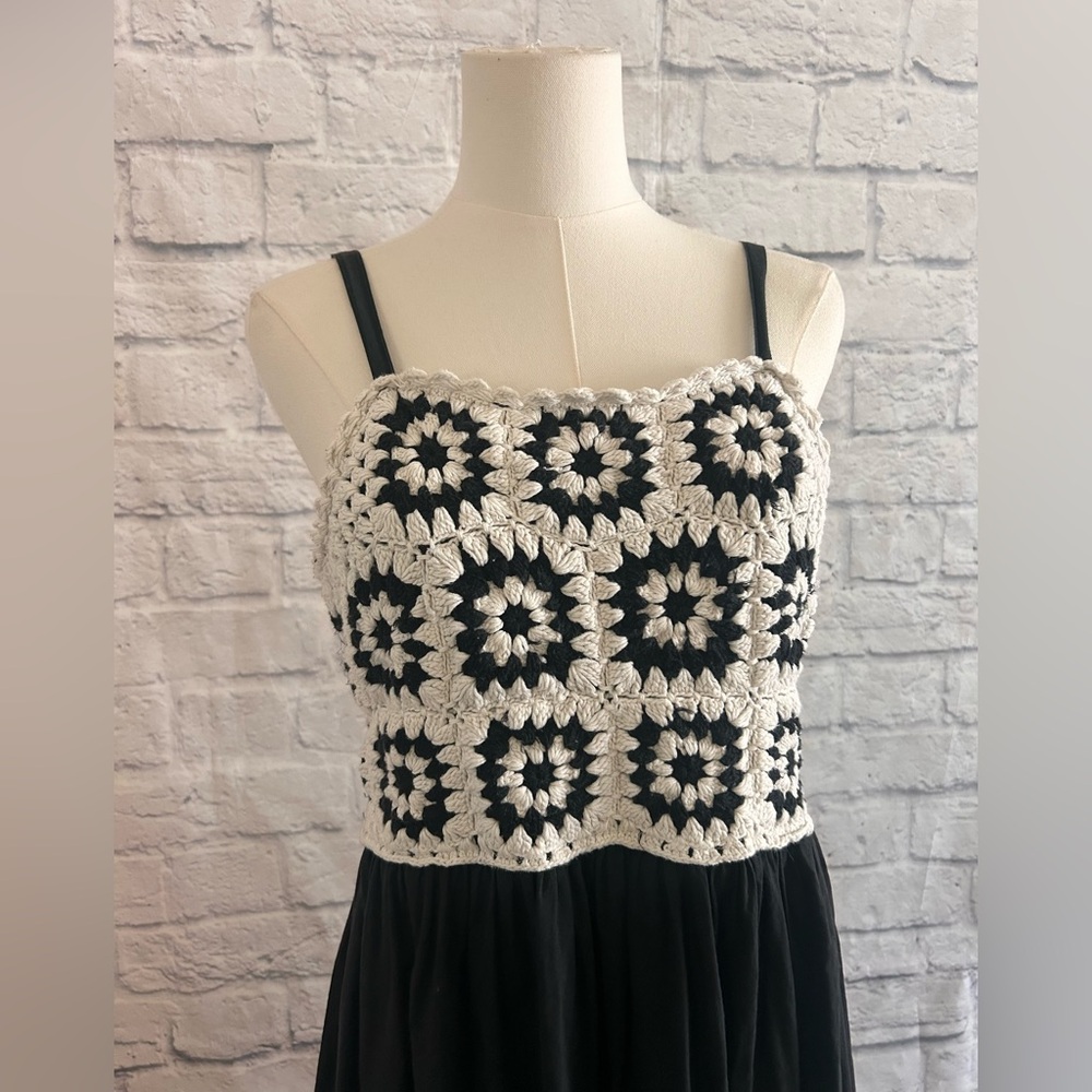 Crochet Maxi Dress Bohemian Boho Black Euro Fall Granny Squares 100% Cotton - Picture 5 of 10
